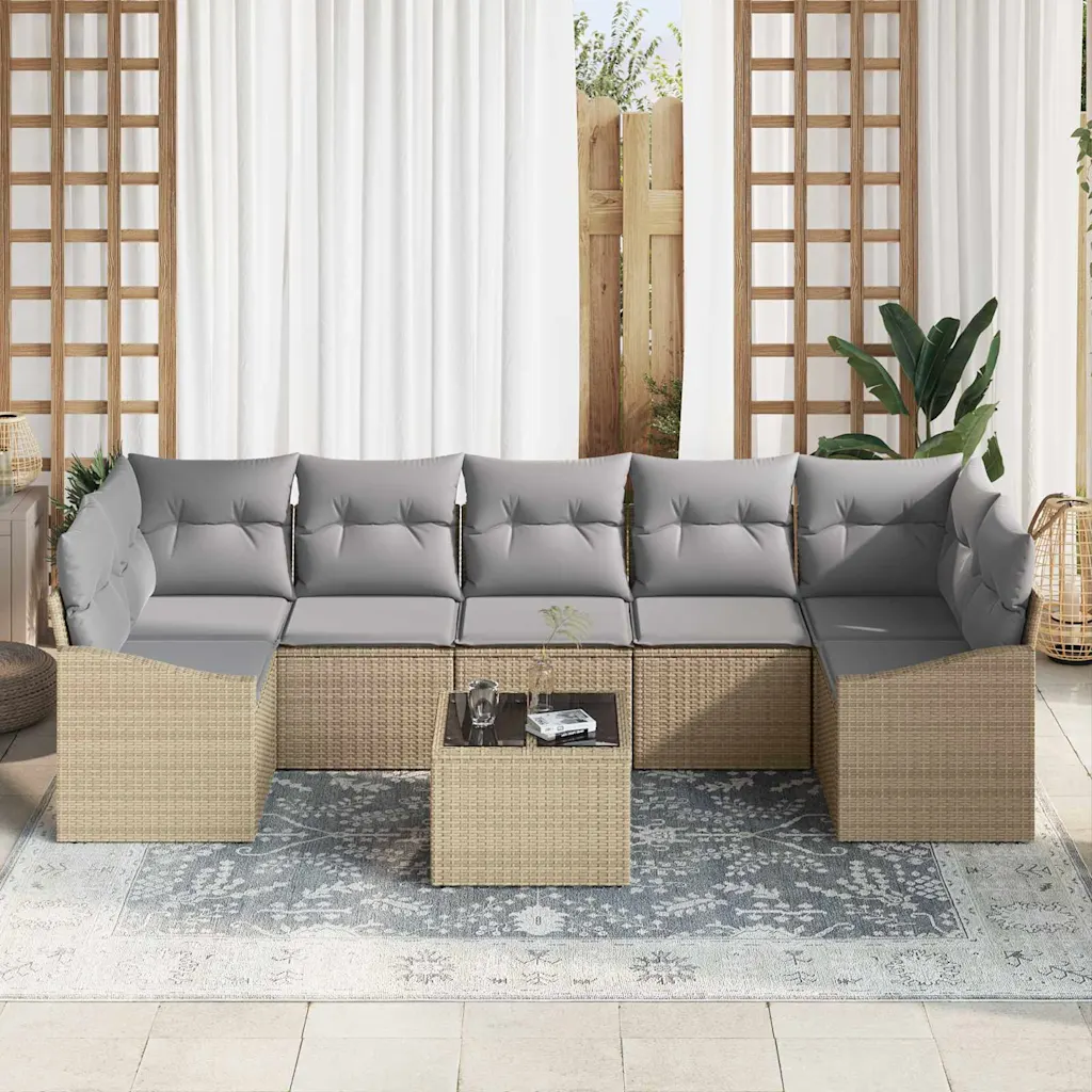 8-osaline aiamööbli diivanikomplekt, modulaarne beež polürotang, heledhallid padjad, reguleeritava kõrgusega laud 55 x 55 x 37 cm