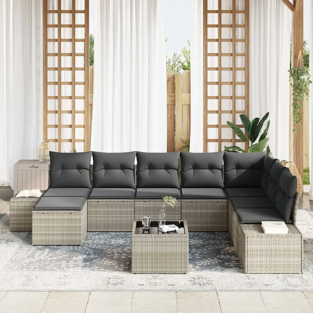 9-osaline modulaarne aia diivanikomplekt patjadega, helehall polürotang