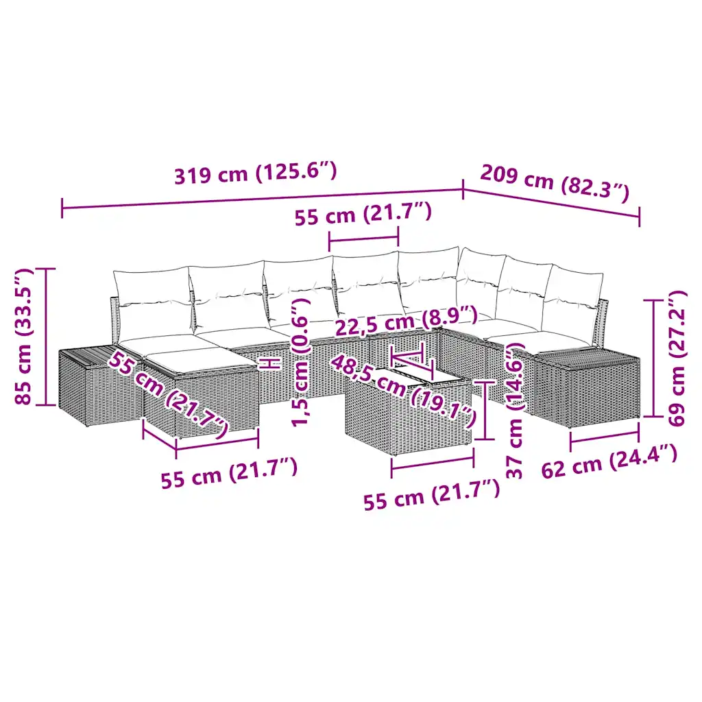 9-osaline modulaarne aia diivanikomplekt patjadega, helehall polürotang