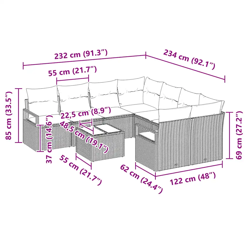 9-osaline modulaarne aianurgadiivanikomplekt patjadega, hall polürotang