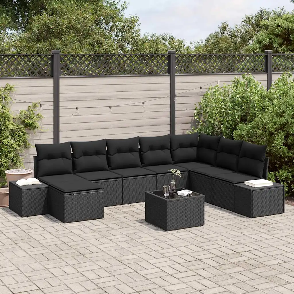 9-osaline modulaarne aia diivanikomplekt patjadega, must polürotang, 319 x 209 x 85 cm