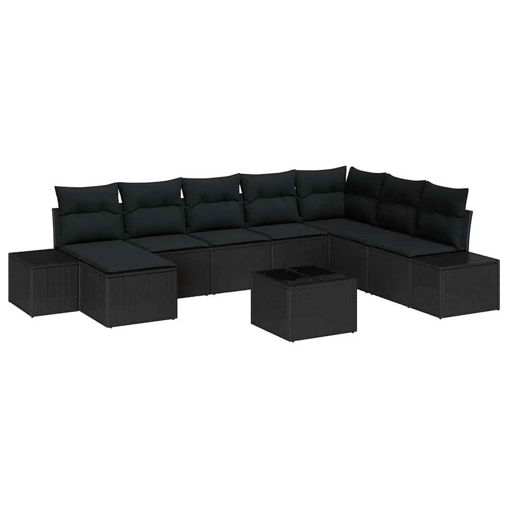 9-osaline modulaarne aia diivanikomplekt patjadega, must polürotang, 319 x 209 x 85 cm