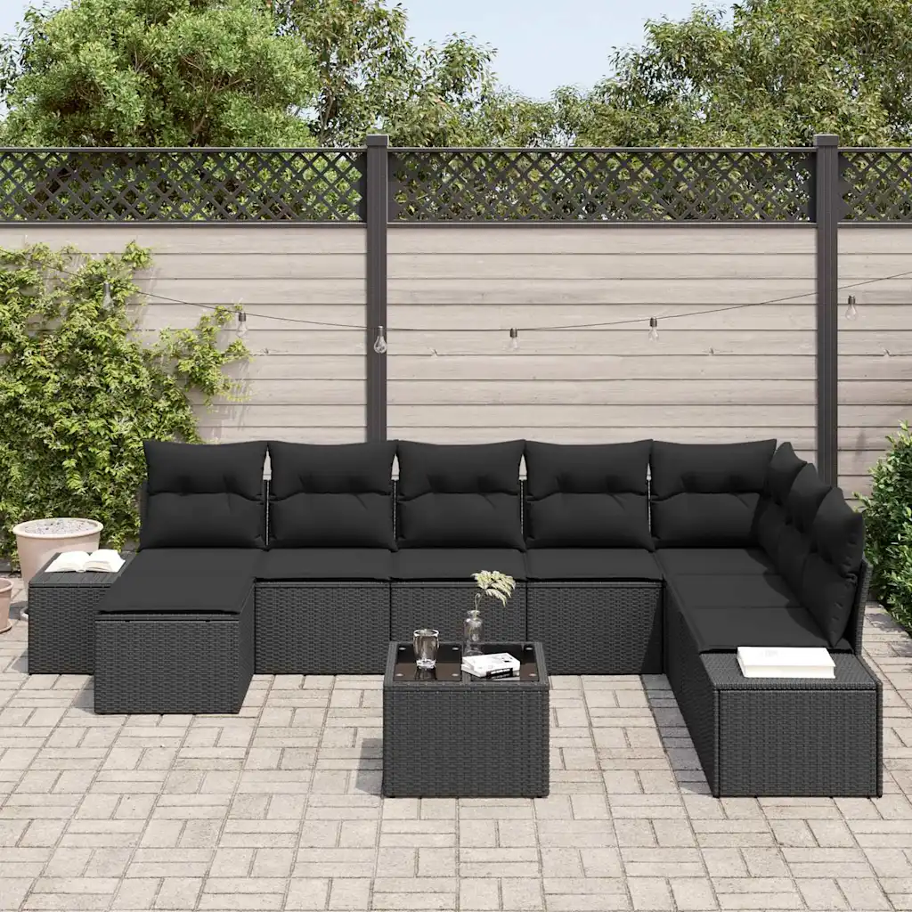 9-osaline modulaarne aia diivanikomplekt patjadega, must polürotang, 319 x 209 x 85 cm