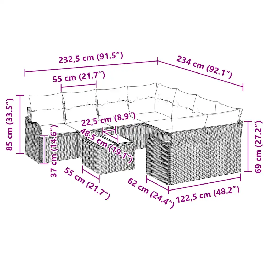 Modulaarne 9-osaline aia diivanikomplekt patjade ja panipaigaga, must polürotang