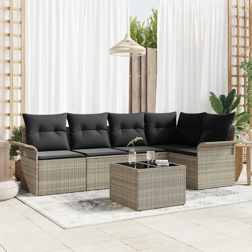 Modulaarne aianurgadiivani komplekt lauaga, 6 osa, hall polürotang, patjadega