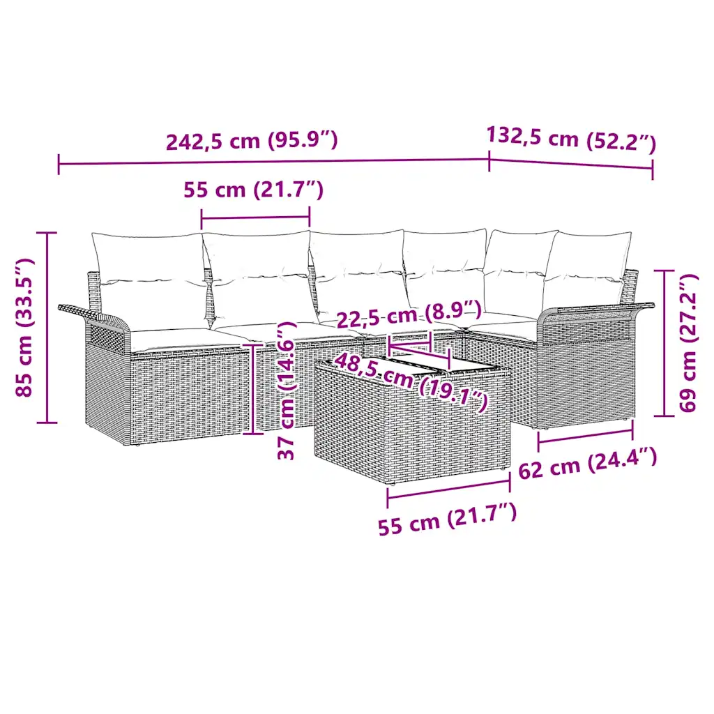 Modulaarne aianurgadiivani komplekt lauaga, 6 osa, hall polürotang, patjadega
