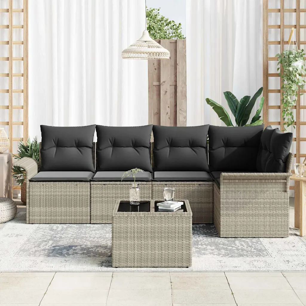 Modulaarne aianurgadiivani komplekt lauaga, 6 osa, hall polürotang, patjadega