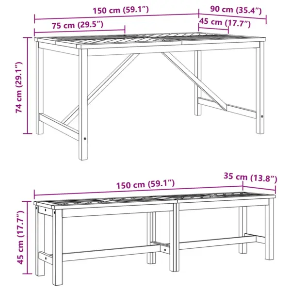 6-kohaline aiamööbli komplekt lauaga, 4 tooli ja pingiga, akatsiapuidust, pruun, laud 150 x 90 x 74 cm - 13