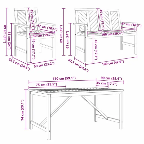 6-kohaline pruun akatsiapuidust aiamööbli komplekt, ristkülikukujuline laud 150 x 90 cm, 4 tooli ja aiapink - 12