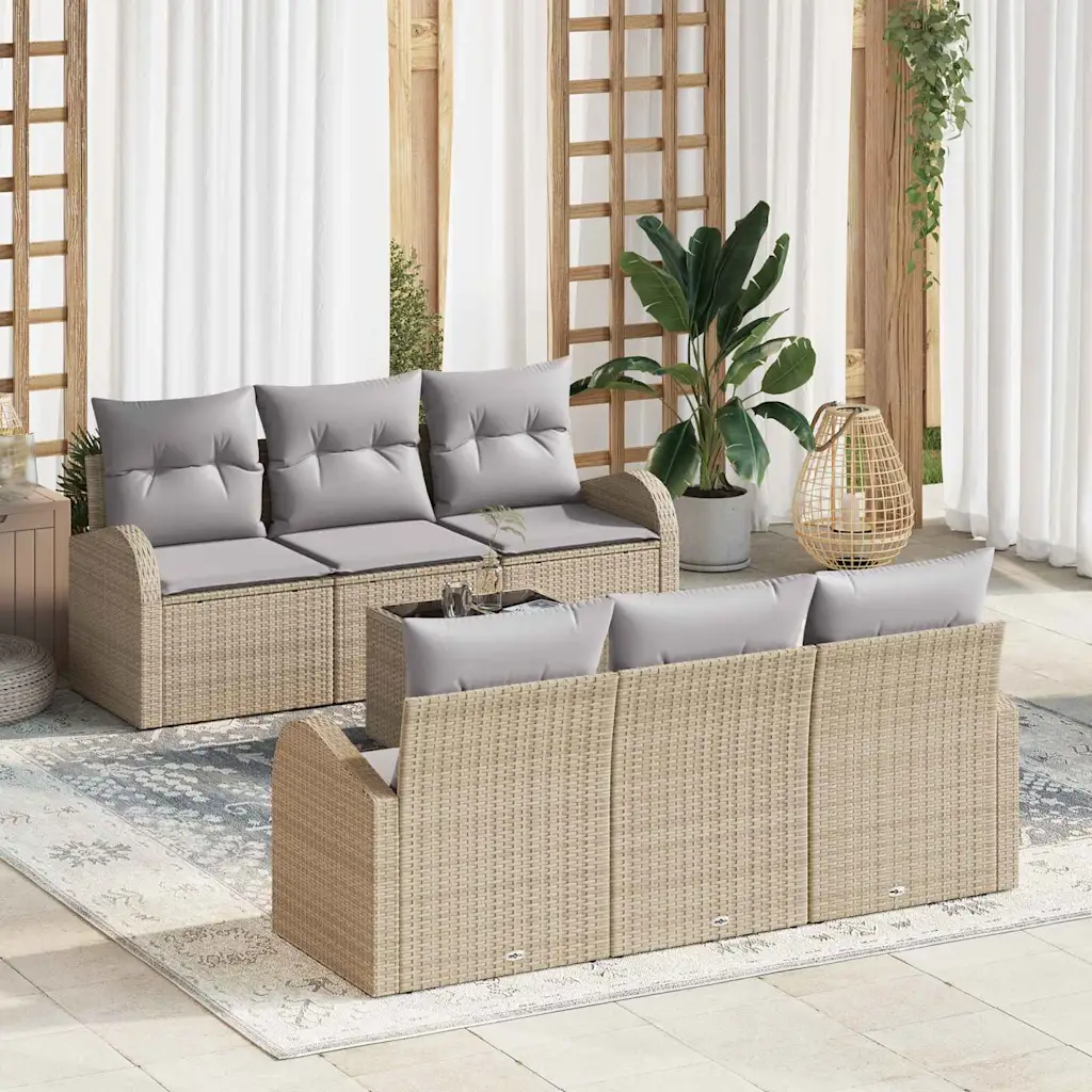 7-osaline modulaarne aiadiivanikomplekt, beež polürottang, pehmete patjade ja klaasplaadiga lauaga, laud 55 x 55 x 37 cm