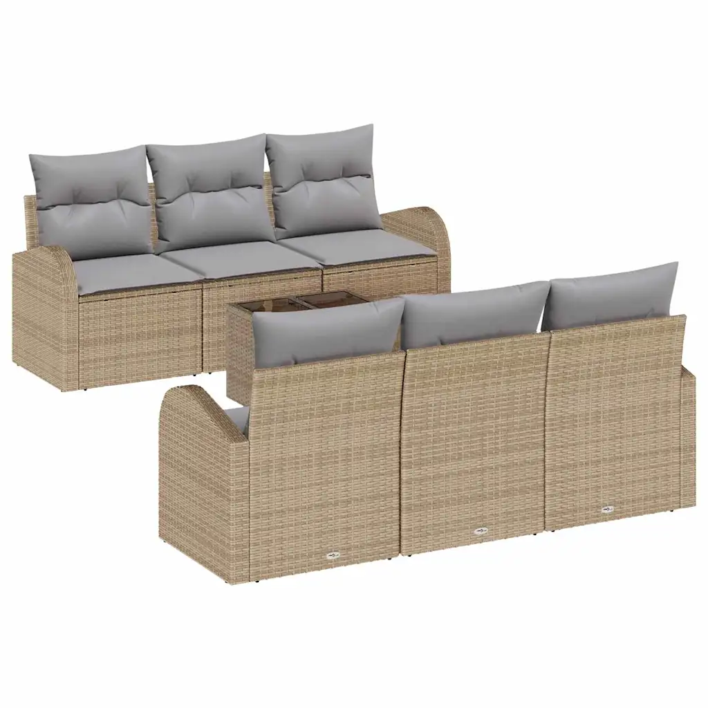 7-osaline modulaarne aiadiivanikomplekt, beež polürottang, pehmete patjade ja klaasplaadiga lauaga, laud 55 x 55 x 37 cm