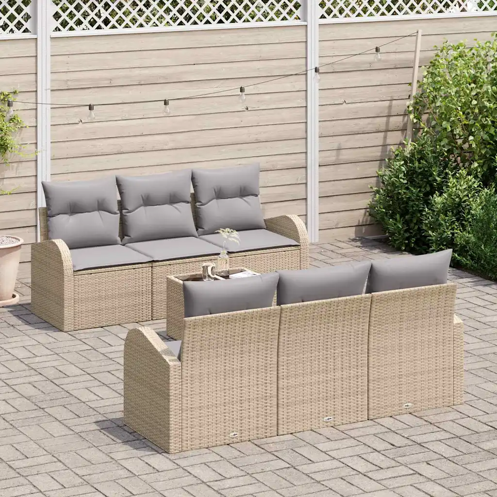 7-osaline modulaarne aiadiivanikomplekt, beež polürottang, pehmete patjade ja klaasplaadiga lauaga, laud 55 x 55 x 37 cm