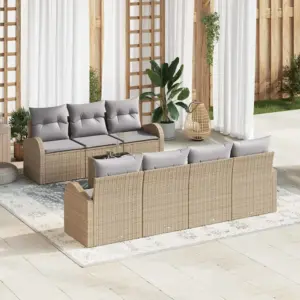 8-osaline modulaarne aiamööbli diivanikomplekt, beež polürotang, karastatud klaasiga laud 55 x 55 x 37 cm