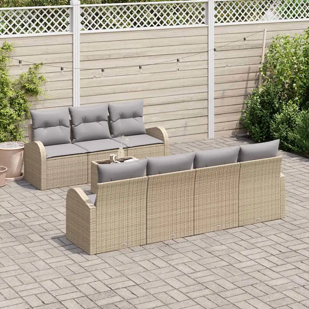 8-osaline modulaarne aiamööbli diivanikomplekt, beež polürotang, karastatud klaasiga laud 55 x 55 x 37 cm