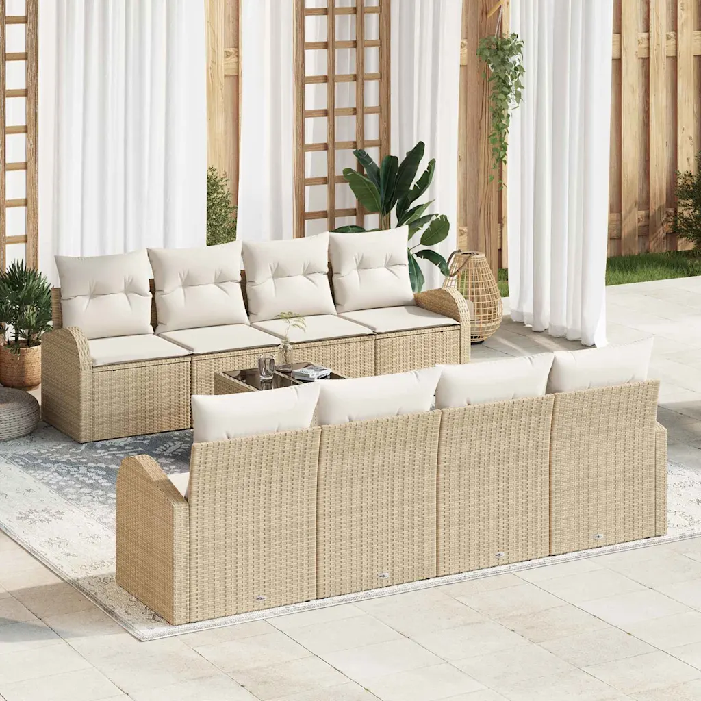 7-osaline modulaarne aiamööbli diivanikomplekt patjadega, beež polürotang, klaasplaadiga laud