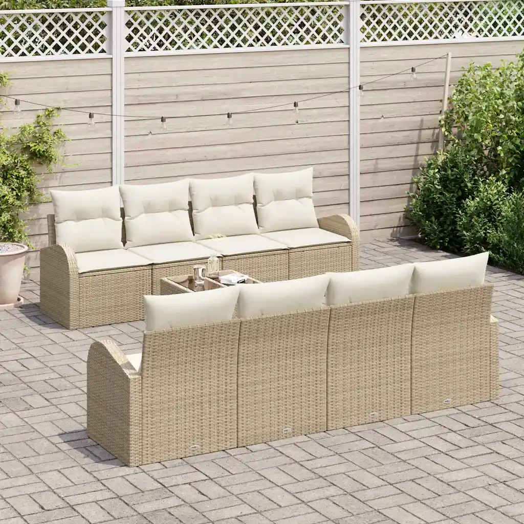 7-osaline modulaarne aiamööbli diivanikomplekt patjadega, beež polürotang, klaasplaadiga laud