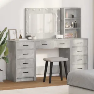 LED-peegliga meigilaud rohkete sahtlitega, betoonhall tehispuit, 3-osaline komplekt