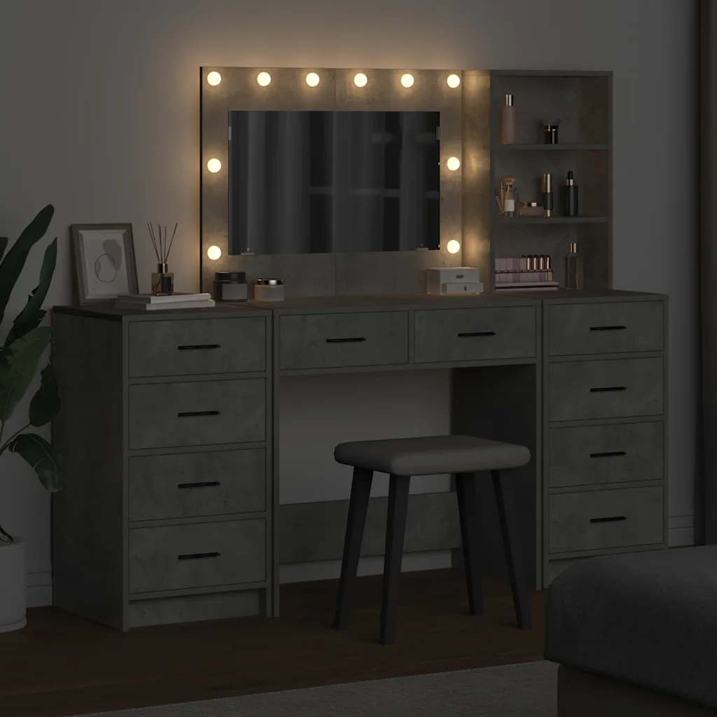 LED-peegliga meigilaud rohkete sahtlitega, betoonhall tehispuit, 3-osaline komplekt
