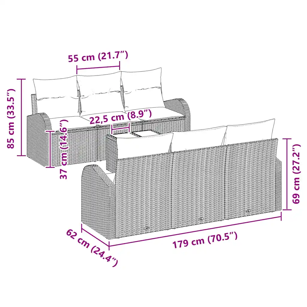 7-osaline modulaarne aiadiivanikomplekt hallist polürotangist, laud 55 x 55 x 37 cm