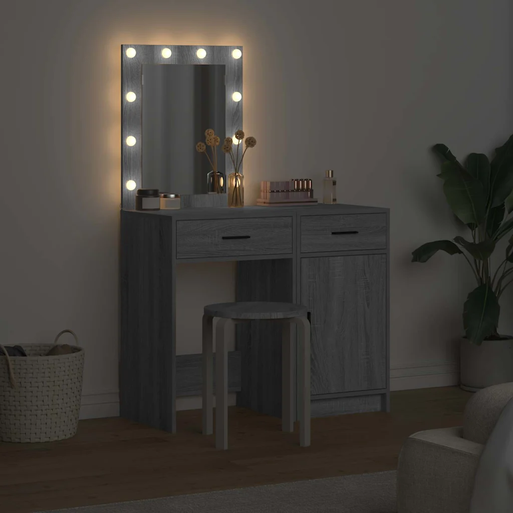 LED-valgustusega riietumislaud sahtlite ja kapiga, 2 tk, hall tehispuit, 50 x 41 x 135 cm