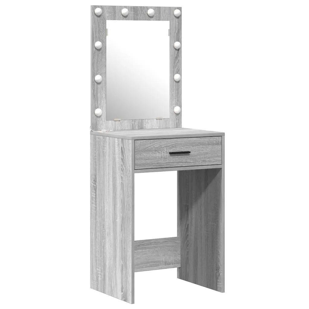 LED-valgustusega riietumislaud sahtlite ja kapiga, 2 tk, hall tehispuit, 50 x 41 x 135 cm