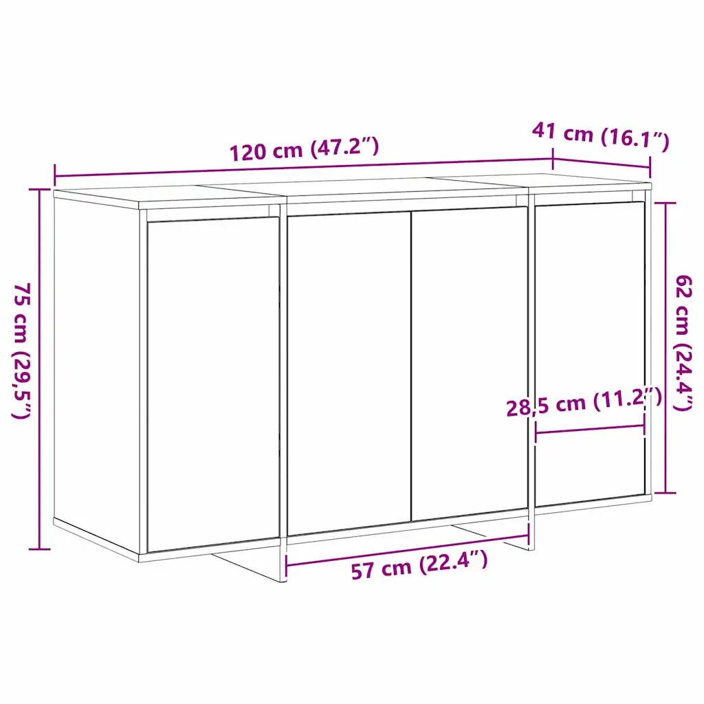 Hall sonoma tehispuidust kredents 4 uksega, 120 x 41 x 75 cm