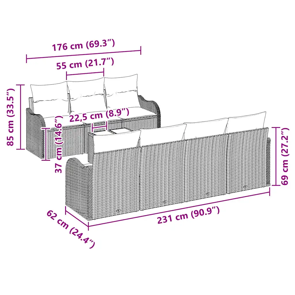 Modulaarne helehall polürotangist aiamööbli diivanikomplekt, 8-osaline