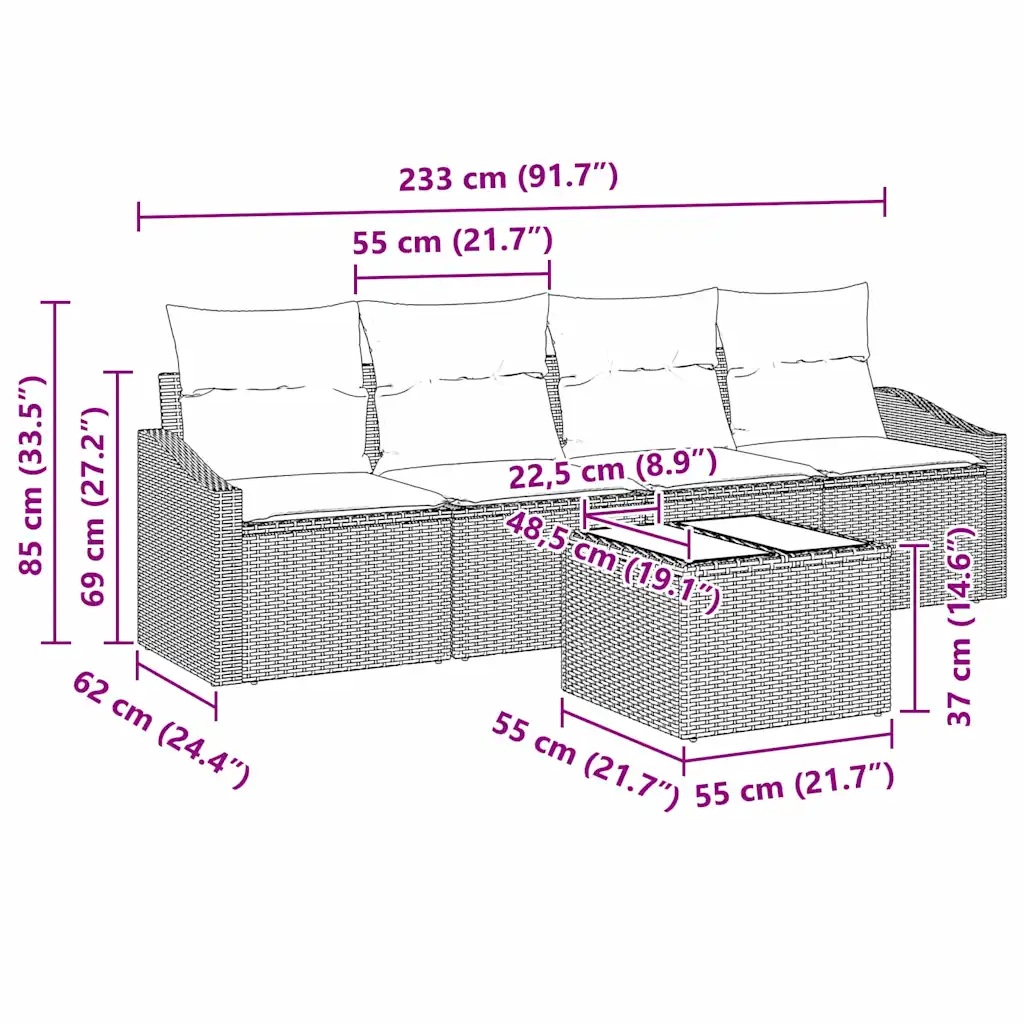 Helehall polürotangist modulaarne diivanikomplekt patjadega, 5-osaline