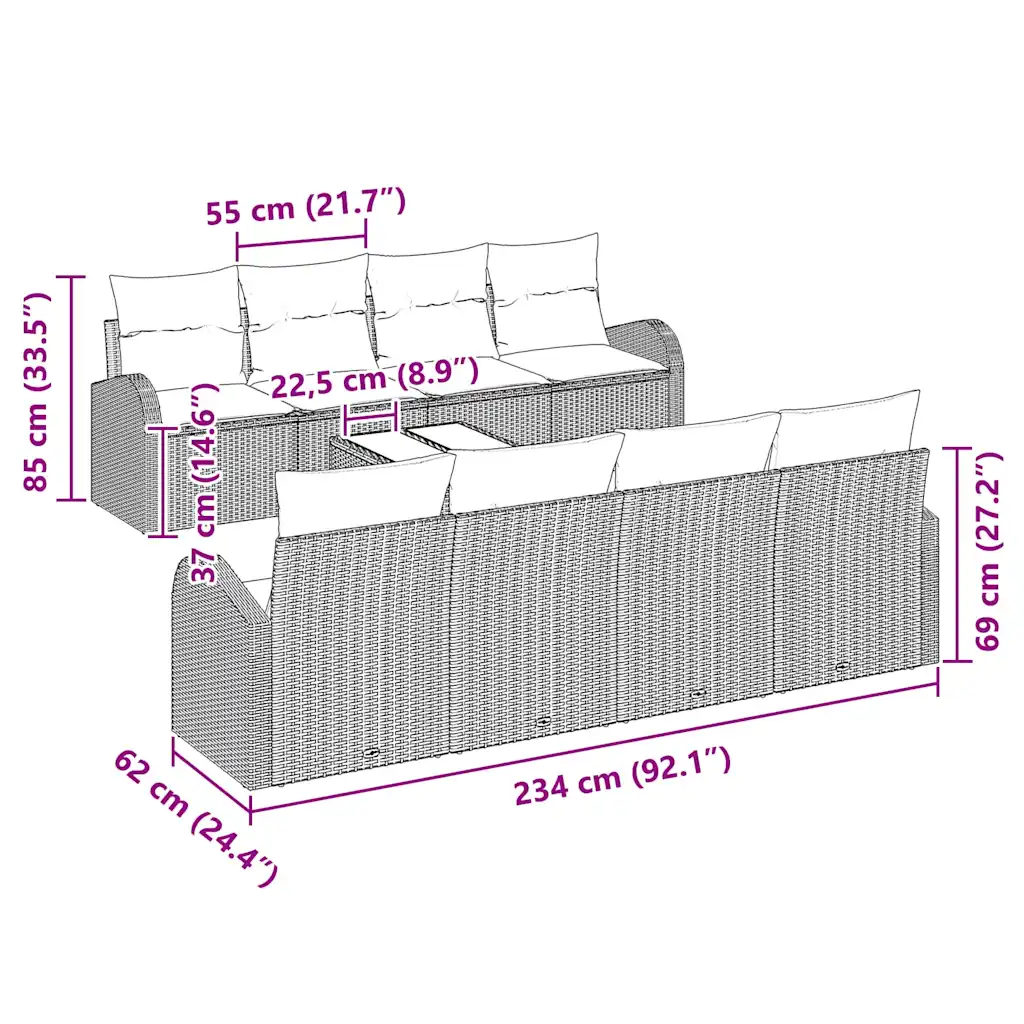 Helehall polürotangist aiamööbli komplekt patjadega, 7 osa, laud 55 x 55 x 37 cm