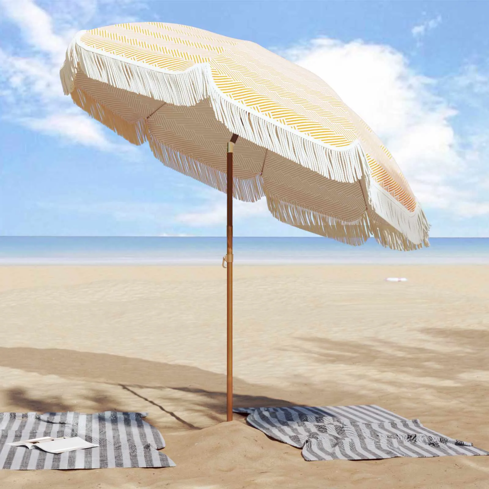 Kallutatav kollase-valge rannapäikesevari, polüester ja teras, 205 x 205 x 210 cm