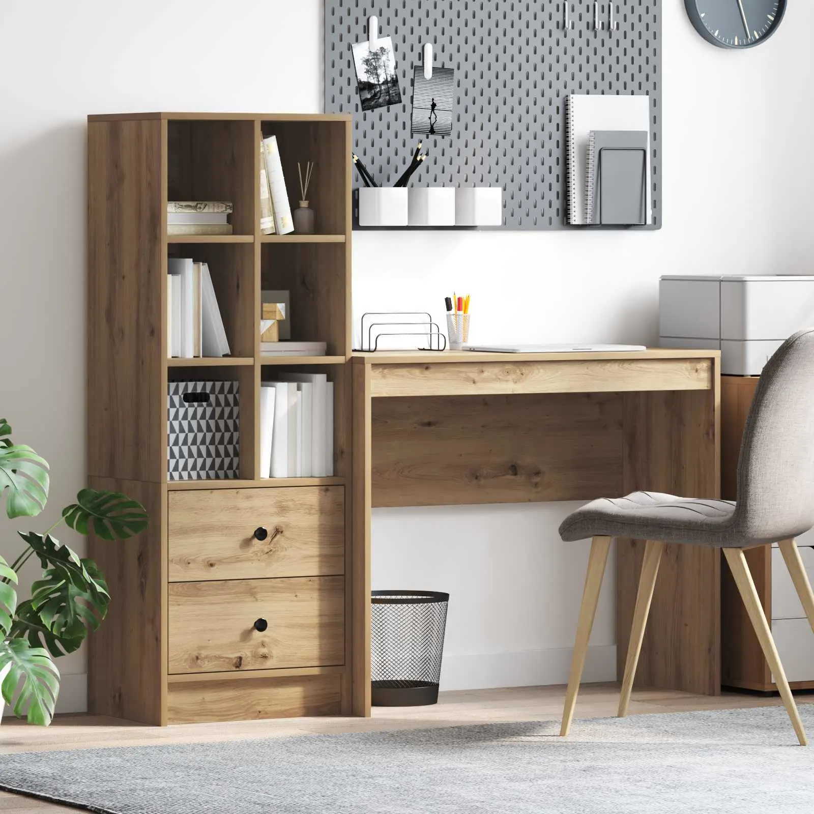 Kirjutuslaud ja kõrge riiulkapp, tehispuit, tammepuu toon, 135,5 x 40 x 127 cm, 2-osaline komplekt