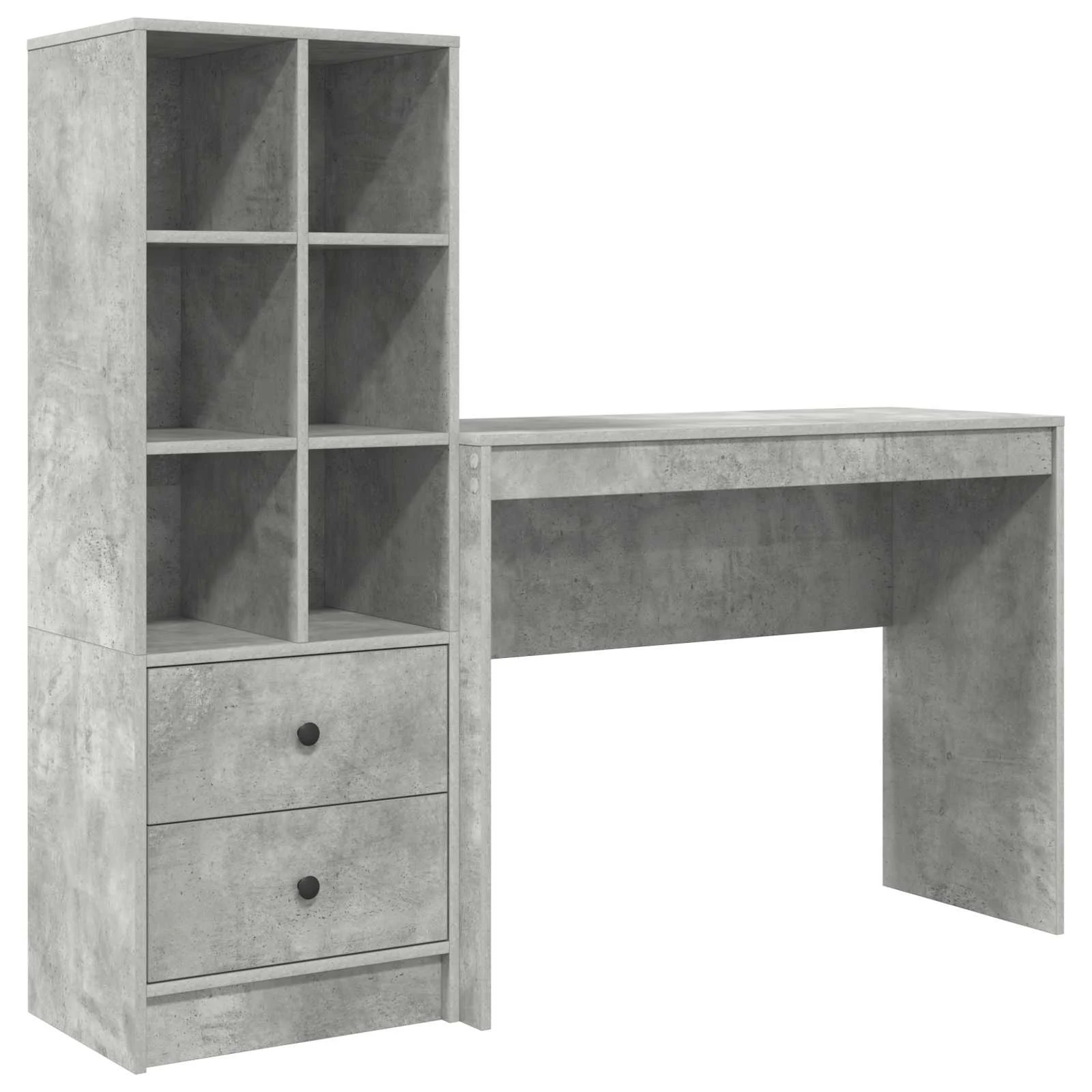 2-osaline kirjutuslaud riiulikapiga, 2 sahtlit ja 6 riiulit, betoonhall, 145,5 x 40 x 127 cm