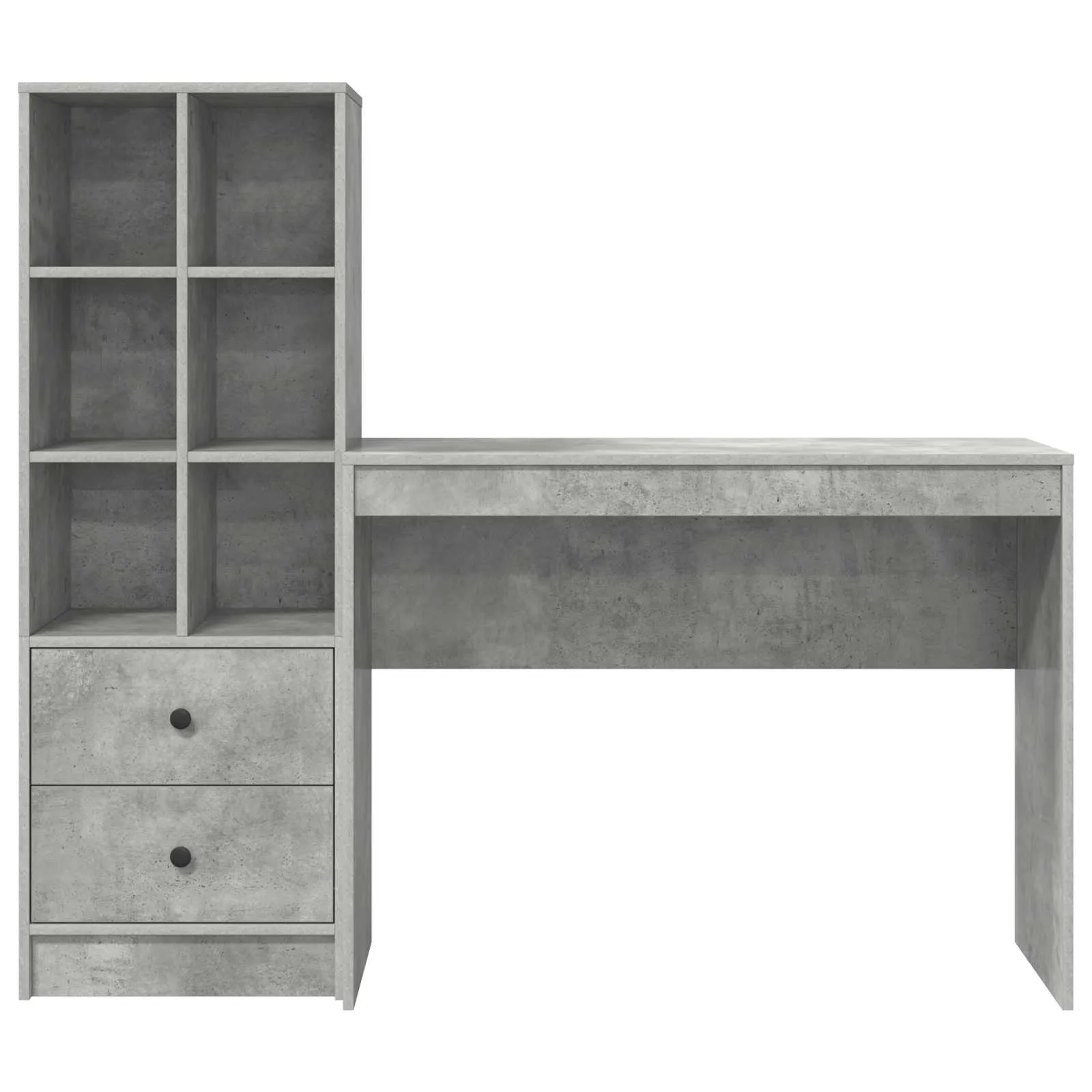 2-osaline kirjutuslaud riiulikapiga, 2 sahtlit ja 6 riiulit, betoonhall, 145,5 x 40 x 127 cm