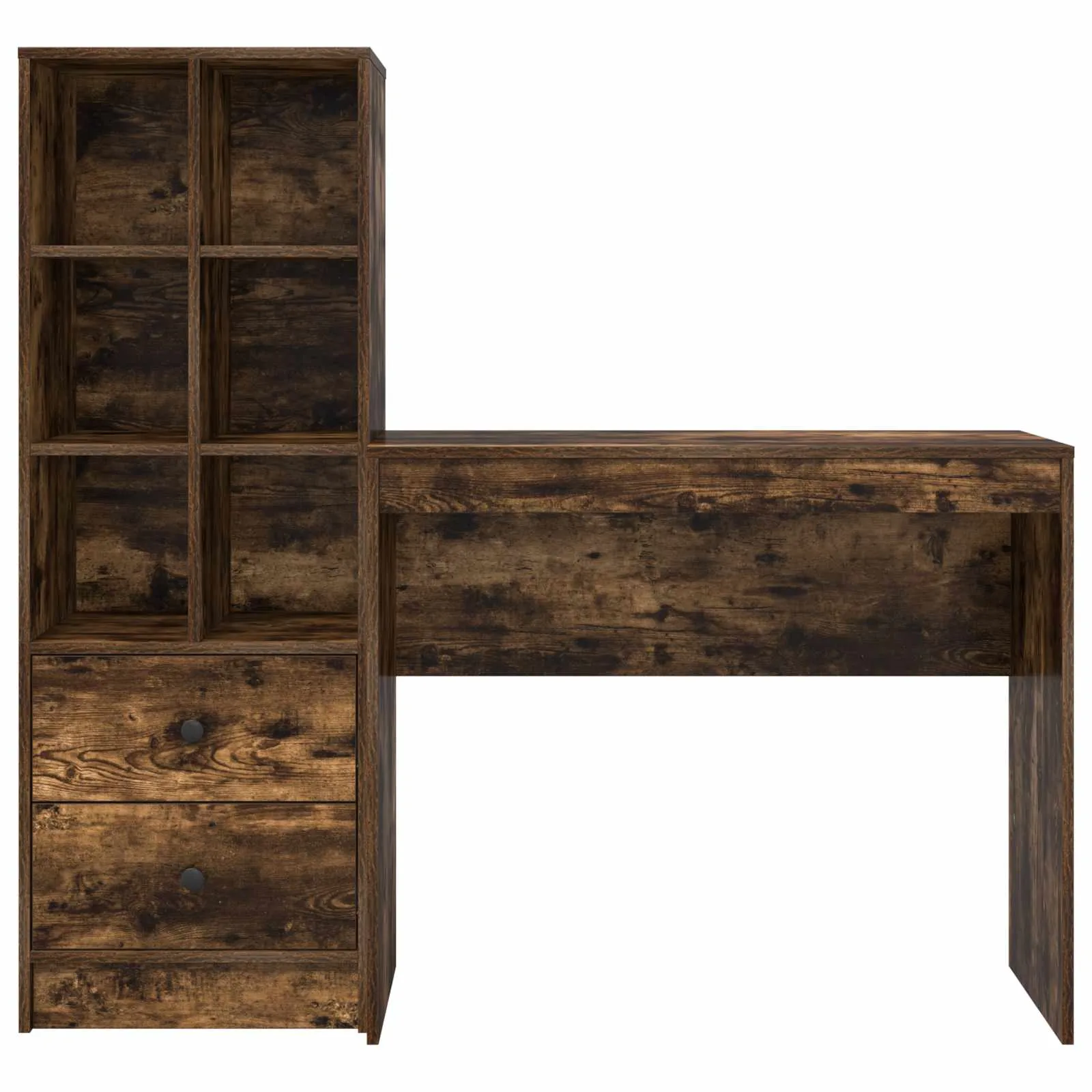 Tehispuidust kirjutuslaud riiuli ja sahtlitega, 2-osaline komplekt, suitsetatud tamm, 135,5 x 40 x 127 cm