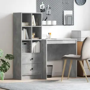 Betoonhall kirjutuslaud riiulkapiga, 2 sahtliga, 6 riiuliga, 2-osaline komplekt, 115,5 x 50 x 127 cm