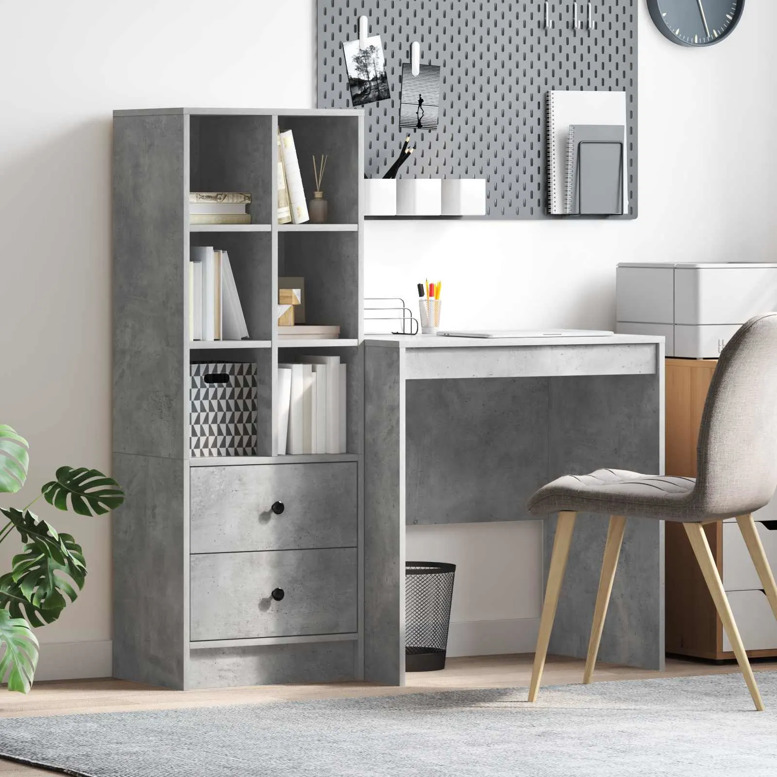 Betoonhall kirjutuslaud riiulkapiga, 2 sahtliga, 6 riiuliga, 2-osaline komplekt, 115,5 x 50 x 127 cm