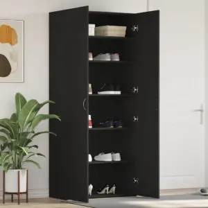 Kõrge jalatsikapp 2 ukse ja riiulitega, must tehispuit, 80 x 35,5 x 180 cm