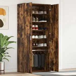 Kõrge kingakapp 5 riiuli ja 2 uksega, suitsetatud tamme toon, tehispuit, 80 x 39 x 178 cm