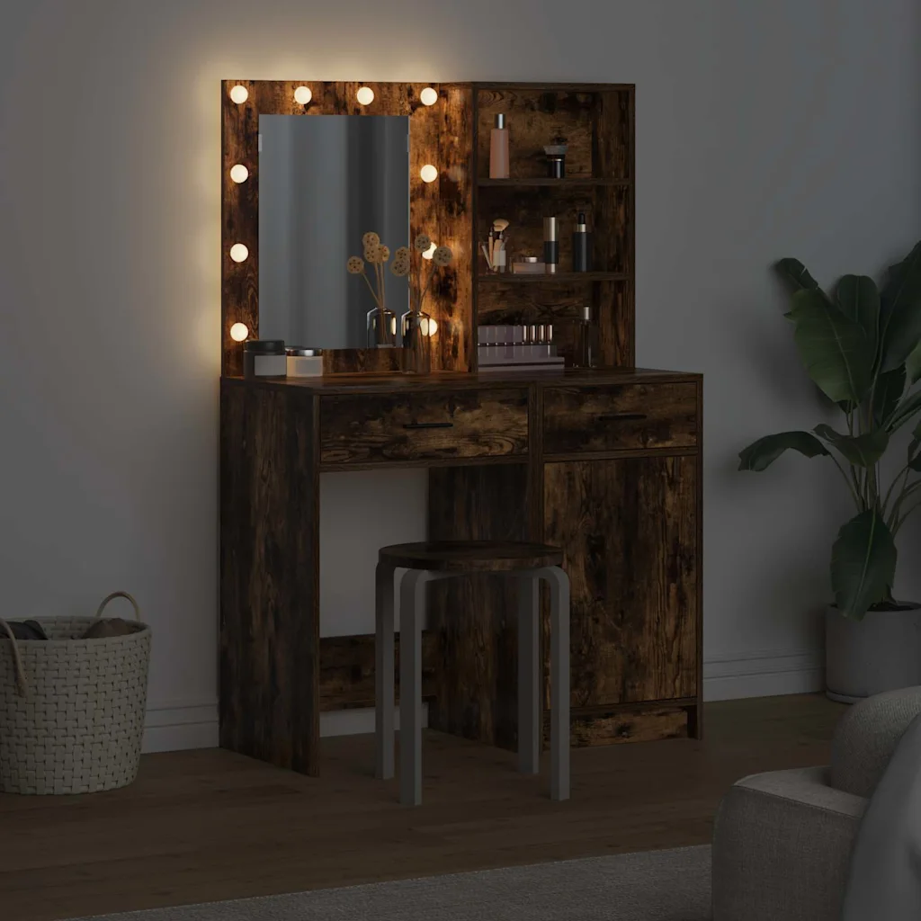Kosmeetikalaud LED-peeglivalgustusega ja riidepeegel, 2-osaline komplekt, suitsetatud tamme toonis, tehispuit