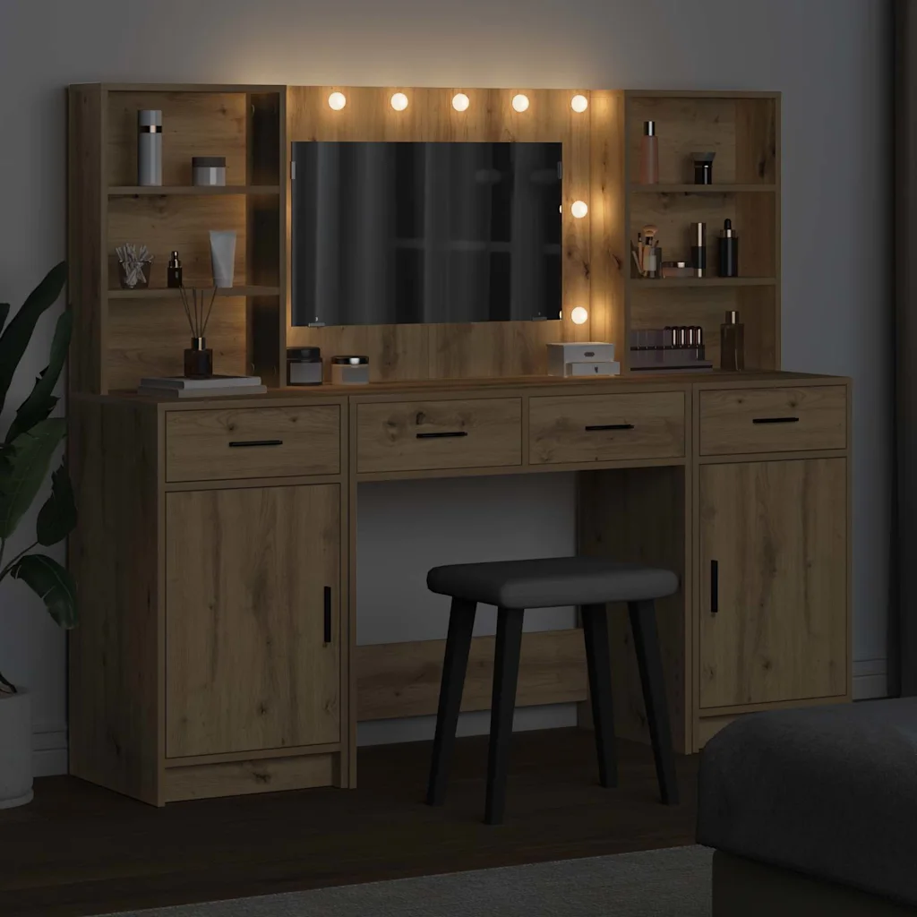 LED-peegliga kosmeetikalaudade komplekt, 3-osaline, käsitööpuu toonis tehispuit
