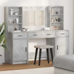 Kosmeetikalaudade komplekt LED-valgusega, betoonhall tehispuit, 3-osaline, 158,5 x 41 x 135 cm