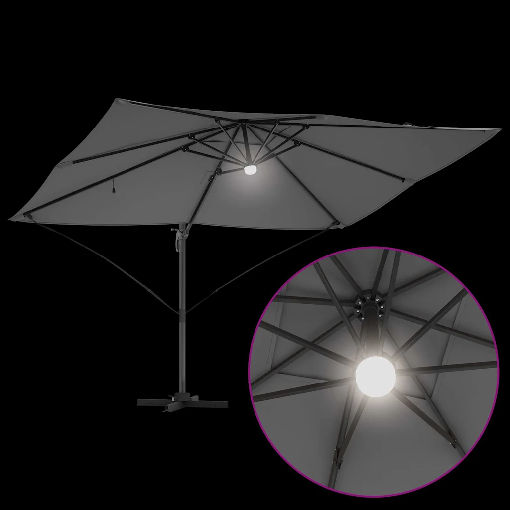 Külgvarda päikesevari LED-ribatuled, antratsiit, 351 x 250 x 253 cm, polüesterkate ja alumiiniumraam, kallutatav ja 360° pöörlev