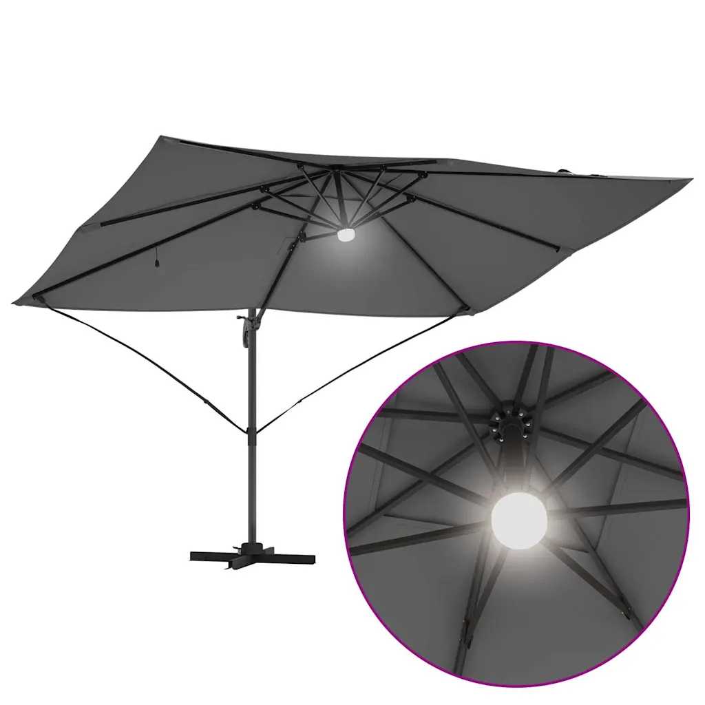 Külgvarda päikesevari LED-ribatuled, antratsiit, 351 x 250 x 253 cm, polüesterkate ja alumiiniumraam, kallutatav ja 360° pöörlev