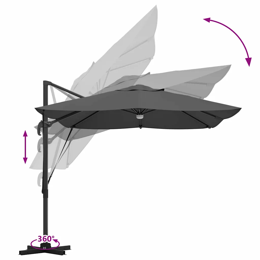 Külgvarda päikesevari LED-ribatuled, antratsiit, 351 x 250 x 253 cm, polüesterkate ja alumiiniumraam, kallutatav ja 360° pöörlev
