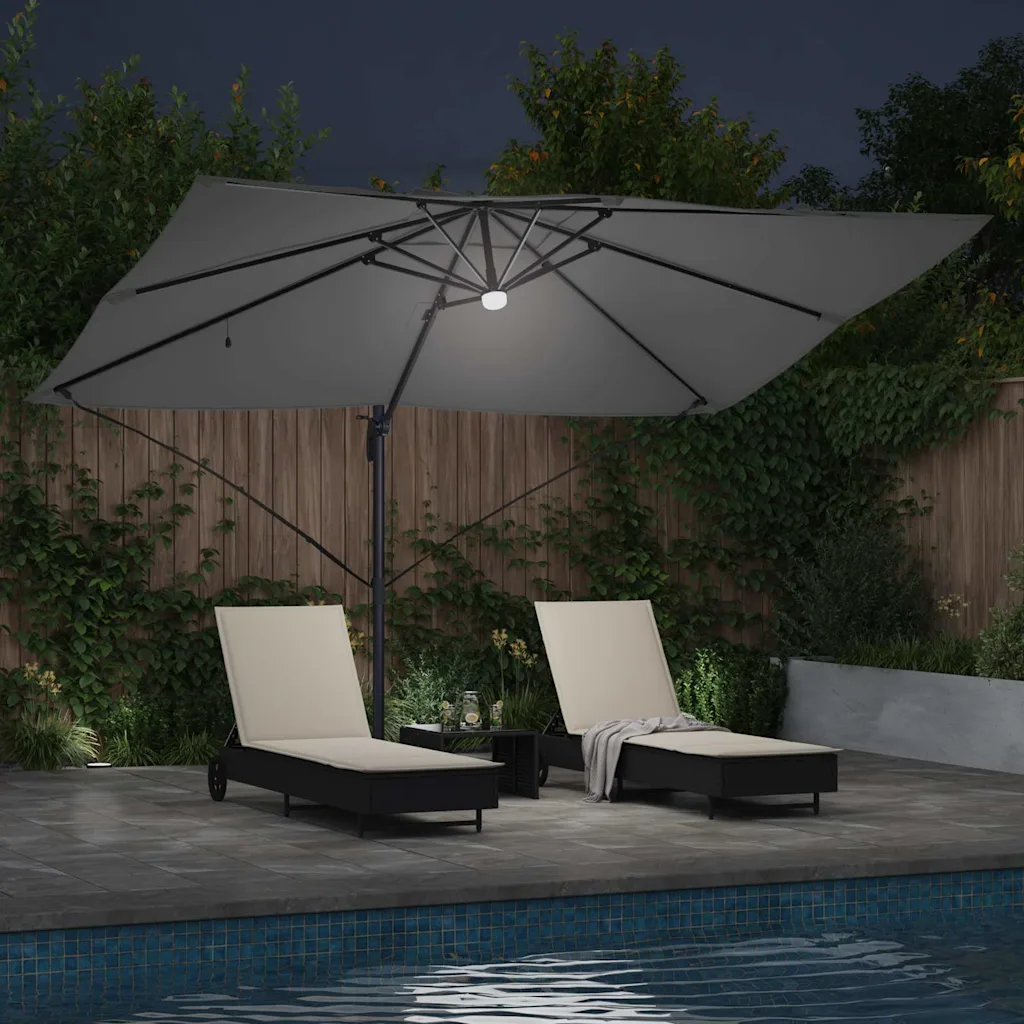 Külgvarda päikesevari LED-ribatuled, antratsiit, 351 x 250 x 253 cm, polüesterkate ja alumiiniumraam, kallutatav ja 360° pöörlev