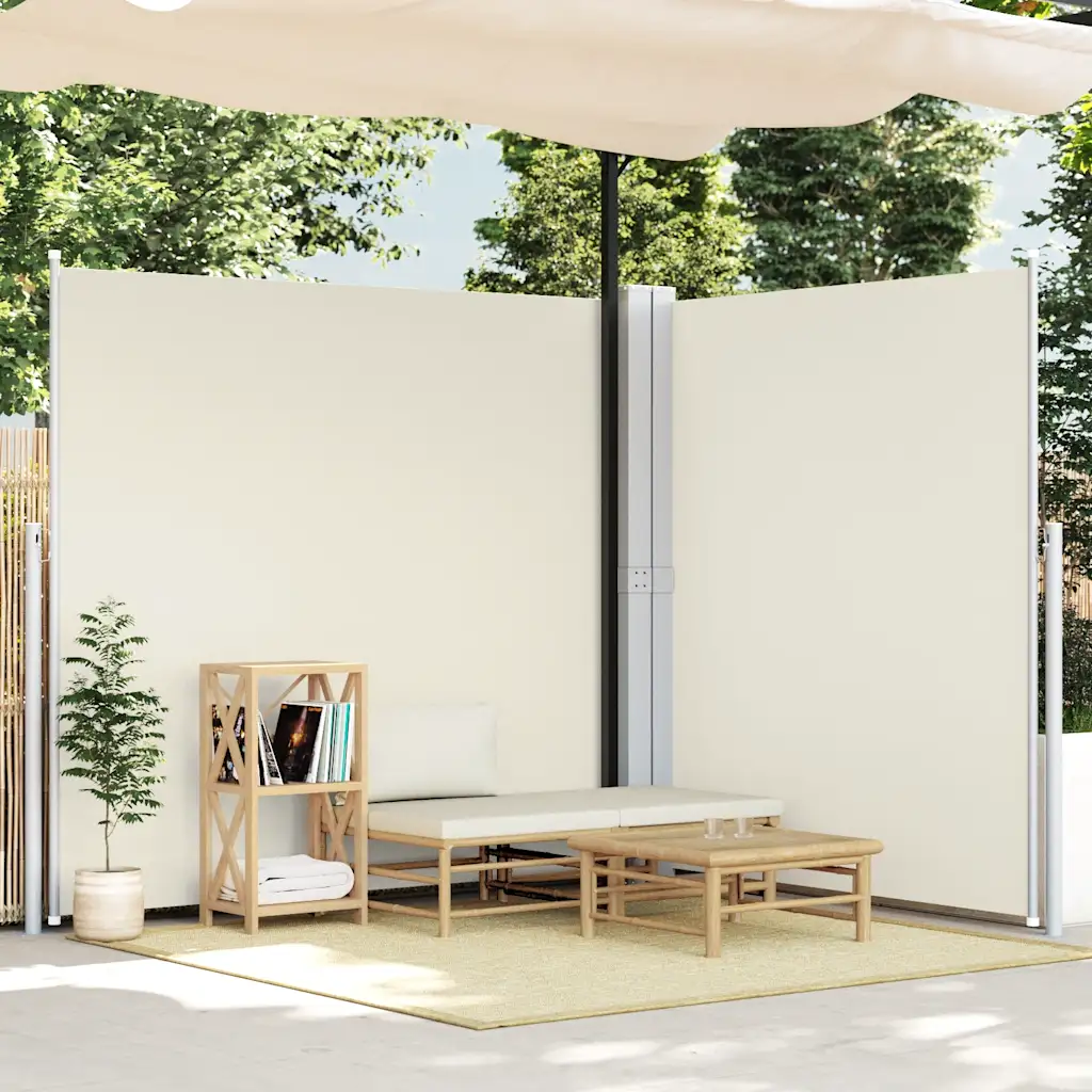 Lahtitõmmatav kahepoolne külgsein aiale ja terrassile, kreemjasvalge, 200 x kuni 600 cm