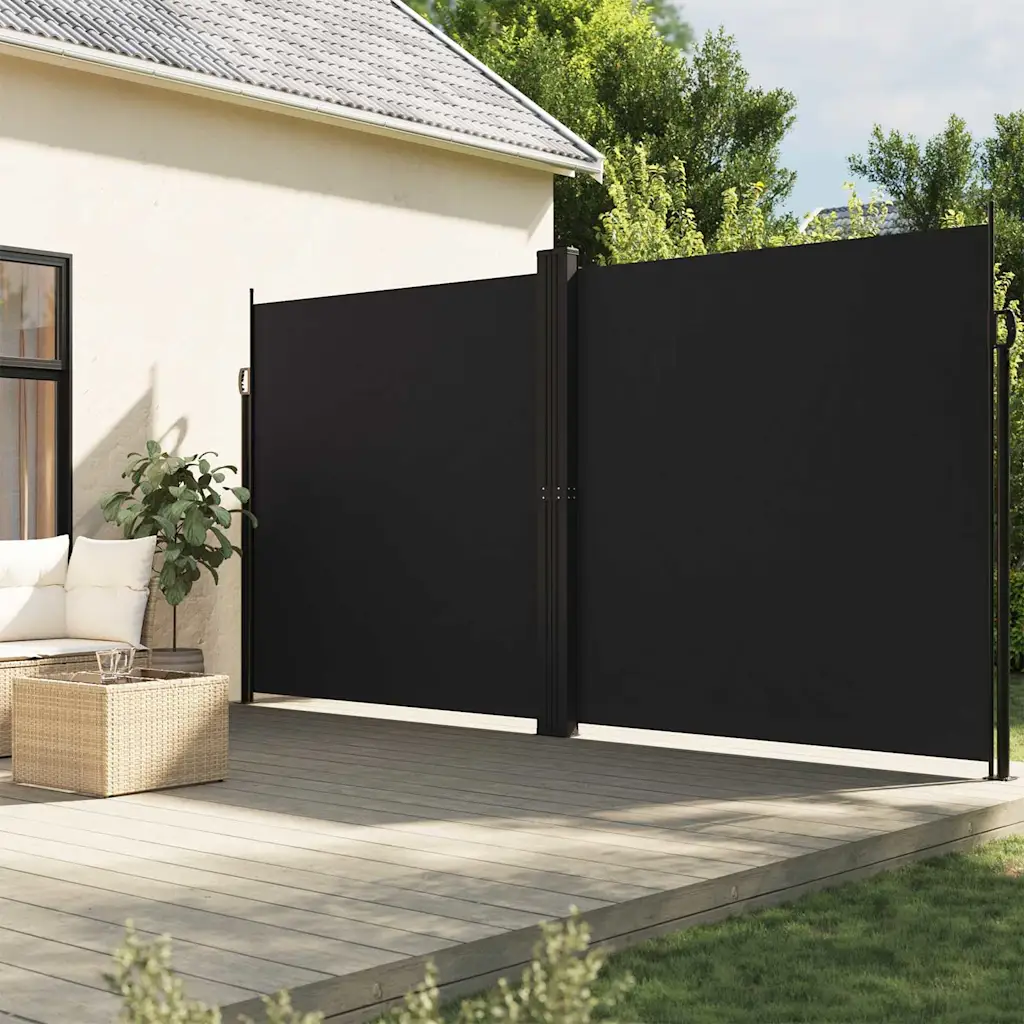 Lahtitõmmatav terrassi privaatsussein, must, PU-kattega polüester, teras- ja alumiiniumraam, 200 x 1200 cm