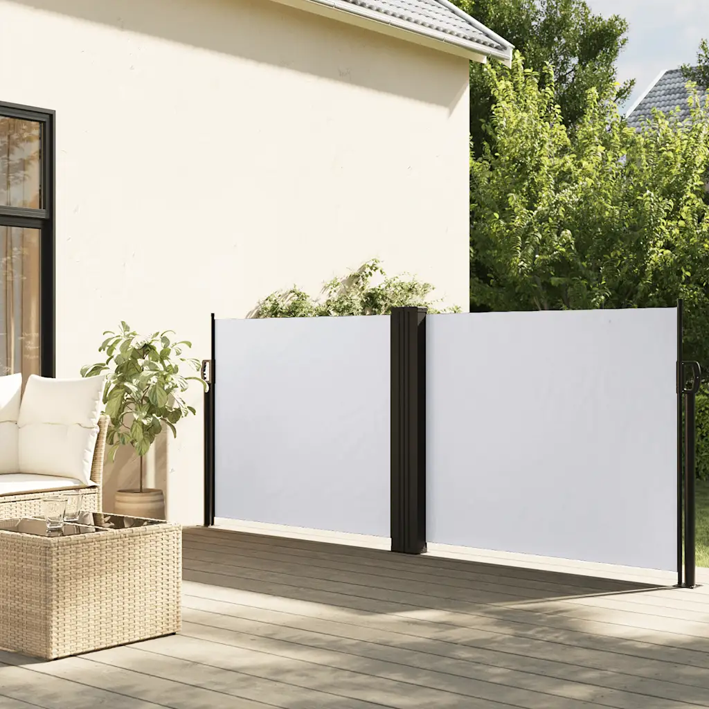 Lahtitõmmatav terrassi külgsein, valge, PU-kattega polüester, terasraam, 120 x 600 cm