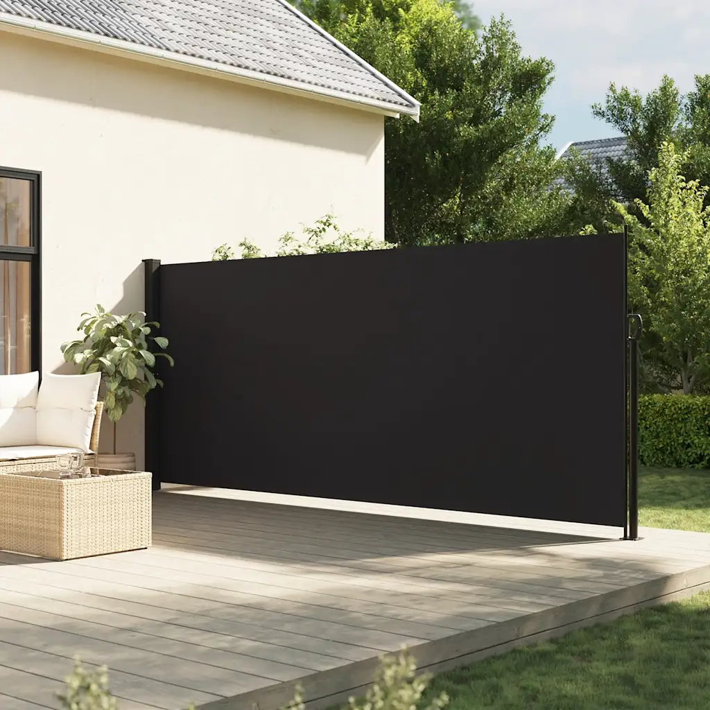 Lahtitõmmatav terrassi külgsein, privaatsussein, must, 160 x 500 cm, PU-kattega polüester, teras- ja alumiiniumraam