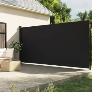 Lahtitõmmatav terrassi privaatsussein, must, 220 x 500 cm, PU-kattega polüester, teras- ja alumiiniumraam